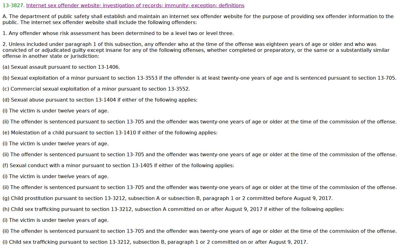 Arizona Legislature page for A.R.S. 13-3827 governing the internet sex offender registry