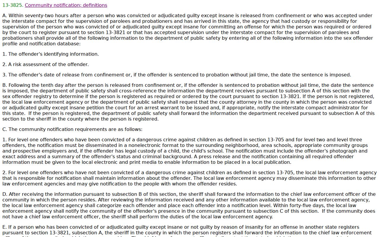 Arizona Legislature page for A.R.S. 13-3825 community notification levels