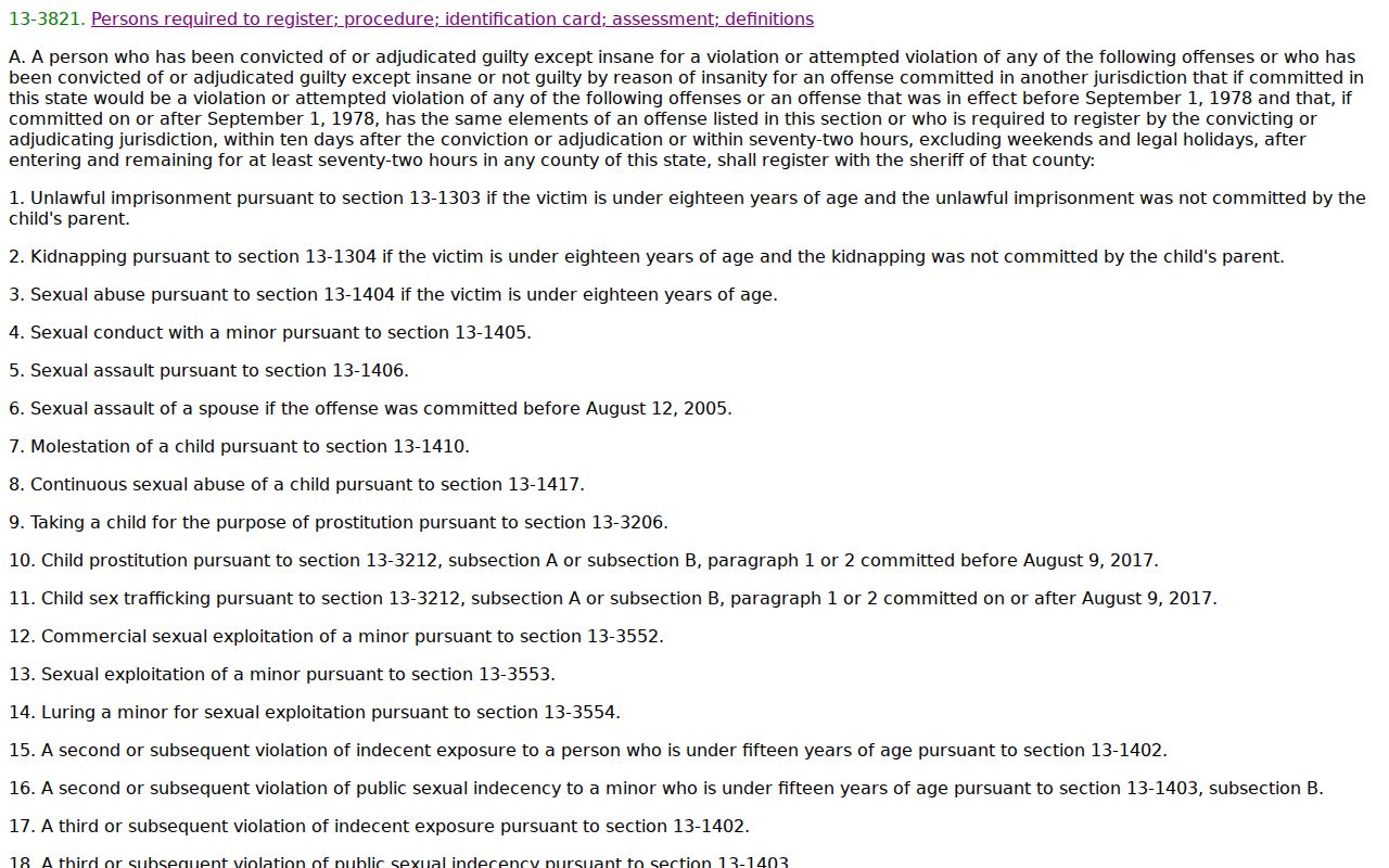 Arizona Legislature page for A.R.S. 13-3821 sex offender registration requirements
