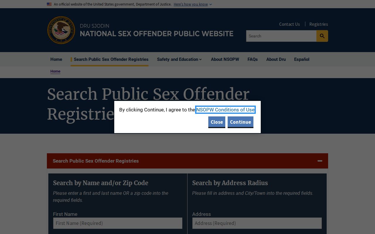 National Sex Offender Public Website search form for cross-state registry checks