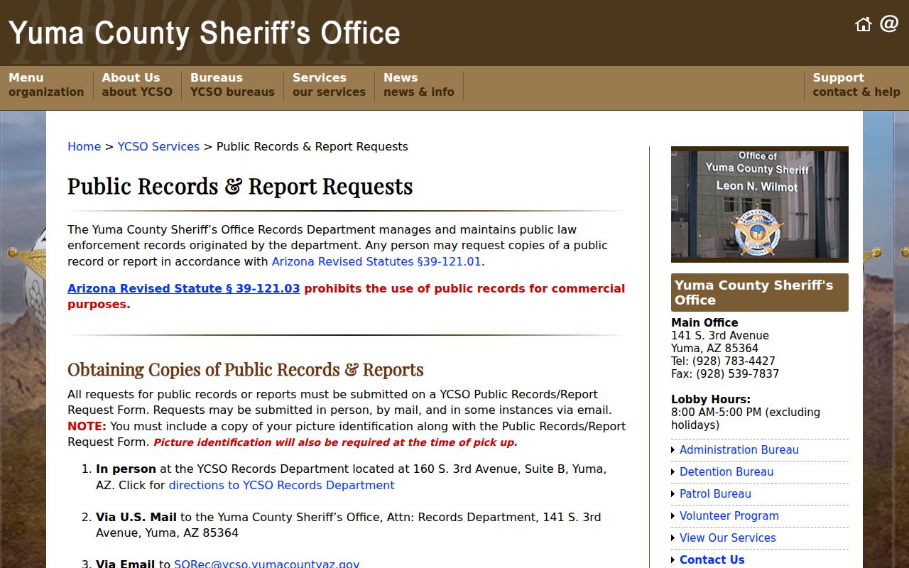 Yuma County criminal records report request instructions
