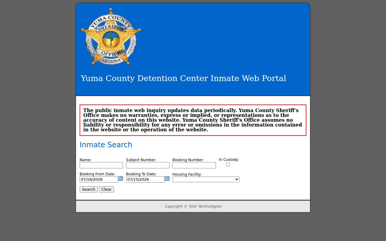 Yuma County criminal records inmate booking search