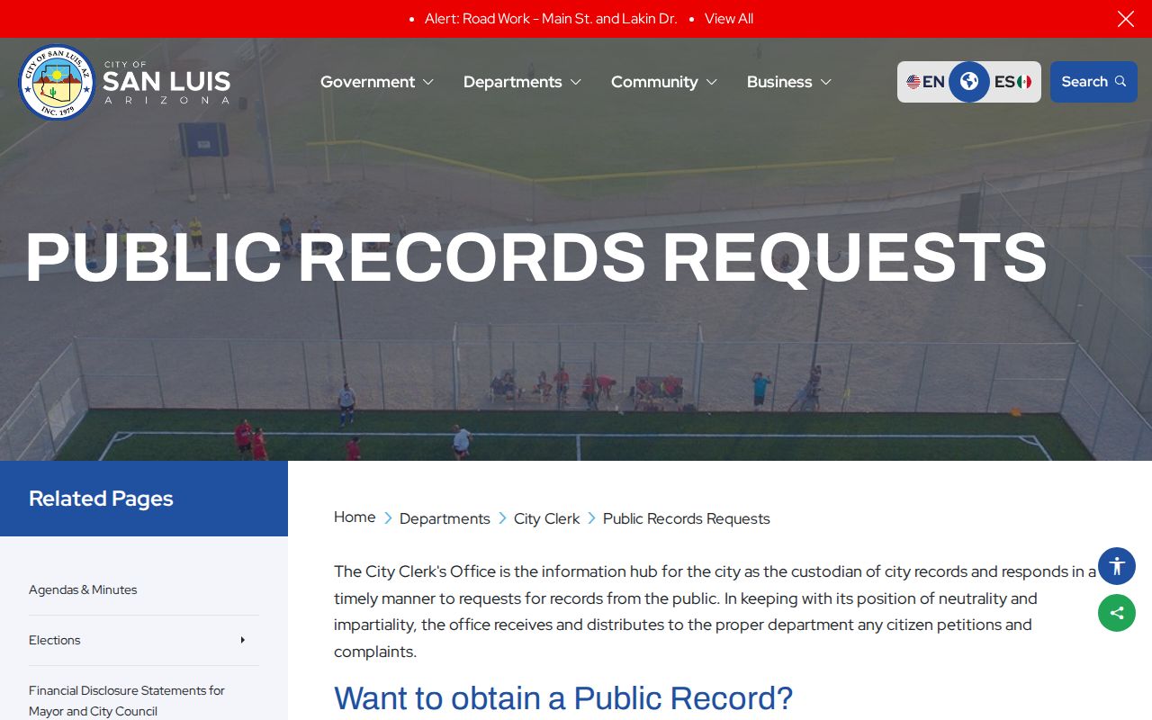 San Luis criminal records request page at the City Clerk