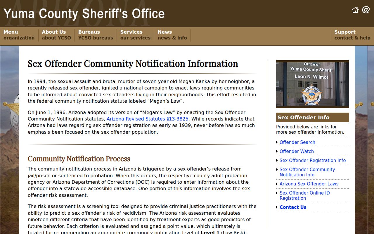 Yuma County Sheriff sex offender notification and compliance contact page