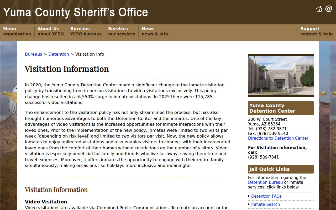 Yuma County arrest records detention visitation information